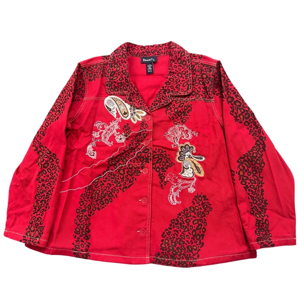 Denim &‎ Co Jacket Womens 2X Red Leopard Paisley Embroidered Cotton Button Up